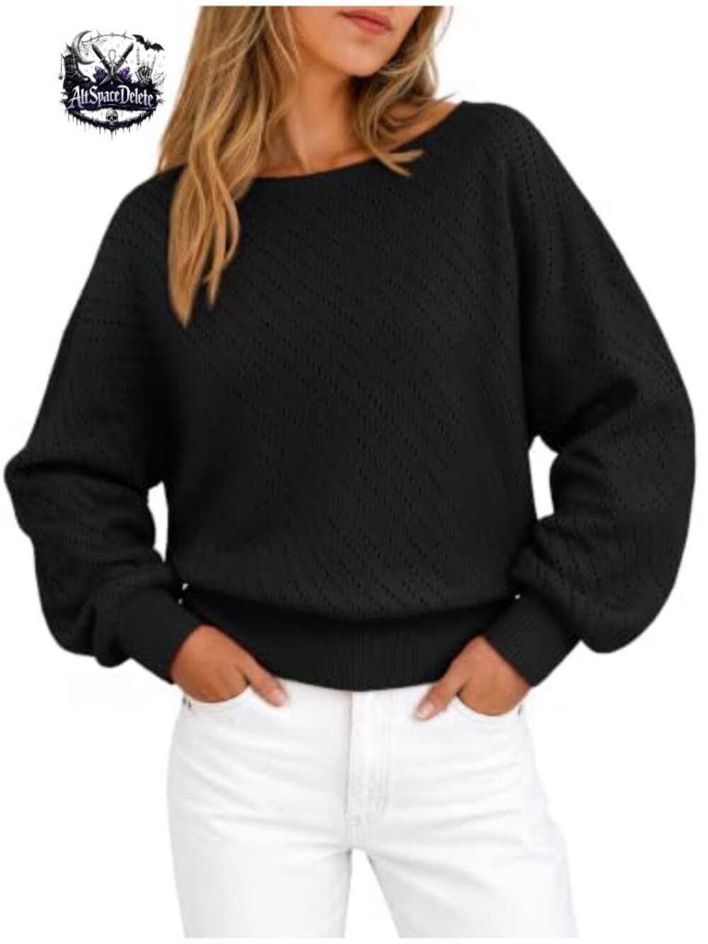 Women's Boat Neck Long Sleeve Pointelle Pullover Sweater